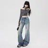 26 Novedad de Otoño Retro Americano de Cintura Baja con Diseño de Rayas de Bambú Pantalones Largos Acampanados para Mujer, Adelgazantes y No Ajustados, Envío Directo Disponible