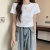 Foto Real de Camiseta de Manga Corta con Hombro Derecho Descubierto para Mujer Verano 2025 Nueva Cuello Redondo Ajustada Corta Cintura Alta Crop Top a la Moda