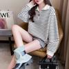 Plus size menina gordinha listrada americana gola polo ombro frontal suéter feminino outono novo solto meio zíper manga comprida top