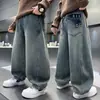 Calça jeans estampada para meninos, estilo coreano para primavera e outono, calça larga rasgada para hip-hop e dança de rua, calça reta da moda, comércio exterior