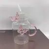 Copo de Água 3D de Vidro Borossilicato Transfronteiriço Copo com Canudo de Borboleta Copo de Leite Copo de Vidro Transparente Camada Única Copo de Suco