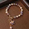 Nuevo Pulsera de Piedra Rosa para Mujer, Hebilla de Seguridad Retro Simple Colgante de Moneda, Pulsera con Cuentas de Perlas, Regalo para Estudiante
