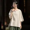 Otoño algodón y lino mujer nuevo diseño original estilo chino suéter modificado ramio lavado a la arena manga corta botón arriba camiseta mujer