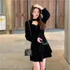 Vestido Cuadrado de Color Sólido con Lazo Estilo Nuevo para Mujer, Vestido Corto Sexy con Cintura Ceñida y Mangas Abullonadas para Otoño e Invierno