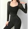 Ropa Deportiva Ajustada para Yoga, Top Transfronterizo de Malla con Parches Cruzados en las Mangas Largas, Chaleco de Otoño, Venta al por Mayor de Fitness