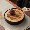 Bandeja de té pequeña estilo japonés con almacenamiento de agua, Bandeja de bambú resistente para uso doméstico, Juego de té redondo con drenaje de agua, Plataforma de secado para preparación de té
