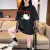 Linda camiseta de algodón puro de dos piezas falsas con estampado de gato estilo lindo para mujer, top versátil suelto con empalme de encaje pesado a la moda Ins