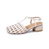 Sandalias Romanas Casuales Tejidas de Piel de Oveja con Calados Transpirables para Mujer, Tacón Medio Grueso, Punta Redonda Suelta, Punta de Cuero Genuino, Verano 2025