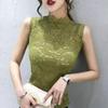 Camiseta Base de Encaje Fina de Otoño e Invierno con Cuello Medio Alto Nuevo Top de Manga Larga de Malla Estilo Occidental Adelgazante de Ajuste Entallado para Mujer