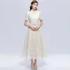 Vestido Midi Acinturado de Renda com Lantejoulas Francesas para Atacado Transfronteiriço, Vestido Camisa de Verão com Colarinho, Comprimento Médio