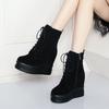 Botas Curtas com Cadarço e Aumento de Altura Oculto, Couro Genuíno, Novos Sapatos Femininos Outono e Inverno, Botas Femininas com Cadarço e Bico Redondo, Botas Martin de Moda