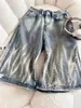 Shorts jeans cropped estilo retrô americano com estampa de raio para homens e mulheres, calças de verão de cintura alta, largas, de perna larga, comprimento médio, da moda