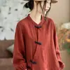 Top de manga larga retro literario de doble capa, estilo étnico moderno, nueva moda china, camisa casual con tapeta oblicua y botón de rana para mujer