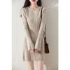 Vestido de suéter com decote em V para mulheres outono e inverno novo comprimento médio de lã pura slim-fit saia de base saia de emagrecimento