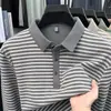 Camiseta de Manga Comprida Masculina Outono Novo Estilo Meia-idade Casual Versátil Listrada Amiga da Pele Gola Polo Camiseta Básica