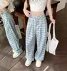 Pantalones de cuadros azul dopamina de pierna ancha para mujer, nuevo diseño de verano, de cintura alta, holgados, de pierna recta, casuales, largos
