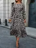 Vestido Saia Elegante Europeu e Americano Exportação Transfronteiriça 2025 Estampa de Leopardo Mangas Bufantes Babados Linha A Cintura Comprimento Médio
