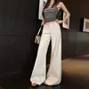 Jeans Boca de Sino Vintage Resistente Branco Amêndoa de Cintura Baixa Com Tachas Calças Casuais de Perna Larga para Mulheres