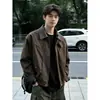 Jaqueta masculina xadrez marrom patchwork, jaqueta de trabalho Harrington estilo americano para outono, high-street, legal e estilosa, ombro de caimento regular