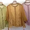 Top tipo camisa de color sólido, cuello alto, manga de tres cuartos, algodón y lino teñido en hilo, suave y juvenil, para mujer, cárdigan babydoll artístico de corte holgado para verano