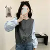 Cárdigan de punto LEKA estilo coreano de dos piezas falsas para mujer, nuevo suéter corto de punto a rayas patchwork con cordón adelgazante y suelto para principios de otoño
