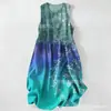 Vestido Casual de Algodão Puro com Estampa Digital Nova, Gola Redonda, Sem Mangas, Comprimento Médio, Para Mulheres, Verão na Praia