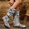 Gamuza Talla Grande Retro Cierre Lateral Punta Redonda Tacón Apilado Botas Mujer 2025 Invierno Nuevo Arrugado Comercio Exterior Talla Grande Botas Vaqueras