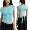 Camiseta corta de manga corta para mujer, estilo coreano y japonés, sencilla, fresca, dulce, moderna, casual, con detalles de cordones, color liso, cuello redondo