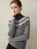 Novo Suéter de Caxemira Jacquard Fair Isle Outono/Inverno para Mulheres, Suéter de Tricô de Gola Alta, Caimento Solto, Versátil, Pulôver Color Block Vintage