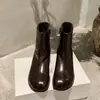 Botas Finas de Couro de Vaca de Primeira Camada Cor Lavada Botas Curtas Outono e Inverno Novas Couro Genuíno Bico Redondo Salto Baixo Grosso Zíper Lateral Botas Curtas Finas Femininas