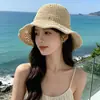 Nuevo Sombrero de Pescador Tejido Transpirable para Primavera y Verano para Mujer Decoración Linda Sombrero de Paja Vacaciones en la Playa Ala Ancha Hace que la Cara Parezca Más Pequeña Sombrero de Protección Solar