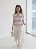 Top polo listrado com blocos de cor frescos e vibrantes em estilo coreano para mulheres, design de verão com bordado, visual jovem, mangas pequenas tipo sino, camisa de malha