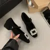 Sapatos de Salto Alto Cinza Chunky Estilo Francês Quadrados com Strass para Mulheres, Sapatos Mary Jane com Forro de Lã para Outono e Inverno