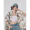 Camisa Manga Curta Cartoon Estilo Retro Hong Kong para Mulheres, Design de Verão, Nicho Novo Modelo 2025, Corte Solto, Top Emagrecedor