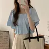 Camisa top coreana chic de temperamento nicho elástica plisada de cuello cuadrado de longitud corta holgada de manga acampanada corta