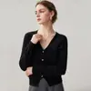 Nova coleção outono e inverno: cardigã feminino oversized com decote V e apliques florais, cor sólida, feito de cashmere, curto e grosso