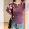 Camiseta Básica de Punto Morada Puramente Sexy de Manga Larga para Mujer, Principios de Otoño 2025, Delgada Ajustada Cuello Redondo Patchwork Top Interior