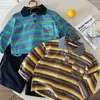 Polo a rayas color block con lindo bordado de cachorro, una elegante prenda de manga larga para niños y niñas, perfecta para el otoño