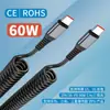 Cable de Carga Rápida de 60W Cable de Resorte Ctoc Antienredos Cable Retráctil para Coche Cable de Datos Doble Tipo-C Multi-Protocolo Pd