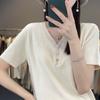 Suéter Feminino de Algodão Puro com Decote V Fino de Manga Curta para o Verão, Simples, Emagrecedor, Manga Meia-Manga, Estilo Ocidental, Moda, Top Curto de Cor Sólida