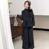 Conjunto de Outono para Meninas Coreano Retrô Poá Conjunto de Três Peças com Colete Camadas Moda Calça Wide Leg Tendência