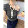 Lenço de Seda Floral com Bolinhas de Design Retrô de Alta Qualidade para Mulheres, Acessório de Pescoço de Nicho para o Verão com Decoração de Cordão com Contas