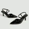 Sandalias de verano para mujer estilo francés, diseño nuevo, de una sola tira, punta fina, tacón de aguja, charol, estilo de cuento de hadas, tacones altos sexy de espalda descubierta