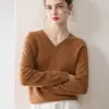 Nueva camiseta de punto base 100% cachemira para mujer de otoño e invierno, suéter de cuello en V de manga larga, corte holgado y adelgazante