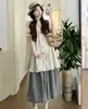 Conjunto de Dos Piezas para Mujeres Embarazadas, Camisa Suelta de Manga Corta de Algodón y Lino Estilo Japonés Vintage con Falda a Cuadros