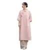 Vestido Curto de Algodão e Linho Novo para o Verão de 2025, Algodão Linho Lavado com Botões de Placa em Cor Contrastante, Novo Vestido Longo Estilo Chinês, Vestido de Chá