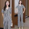 Moda Verão Nova Conjunto de Terno Listrado Manga Curta Feminino Tops que Reduzem a Idade Emagrecedores Calças Largas de Manga Curta Chinesas Conjunto de Duas Peças