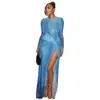 Vestido Bodycon con Abertura y Bloques de Color, Cuello Redondo y Mangas Largas, Estilo Europeo y Americano, Moda paraMujeres Viajeras Transfronterizas, Vestido Delgado de Moda