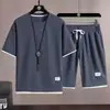 Conjunto de Verano Delgado de Tejido Waffle para Hombre: Camisa de Manga Corta de Seda de Hielo de Secado Rápido y Pantalones Cortos Deportivos Casuales