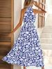 2025 Vestido Azul Amazon Transfronteiriço Decote Halter Estampa de Bolinhas Vestido de Amarrar Vestido Longo Casual para Mulheres